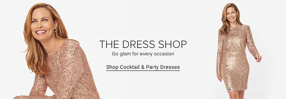 Two images of a woman wearing a gold sequin dress with long sleeves. The dress shop. Go glam for every occasion. Shop cocktail and party dresses.