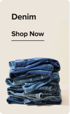 Sweaters. Shop now. A stack of sweaters.