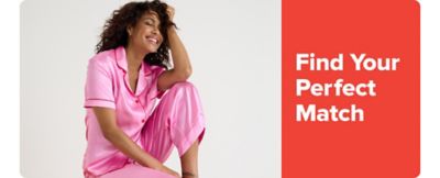 Image of a woman wearing a matching pink pajama set. Find your perfect match.