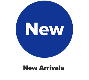 A blue circle with the word new in it. New arrivals