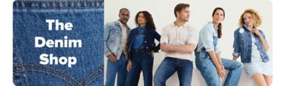 Image of a group of people wearing jeans and denim jackets. The denim shop. 