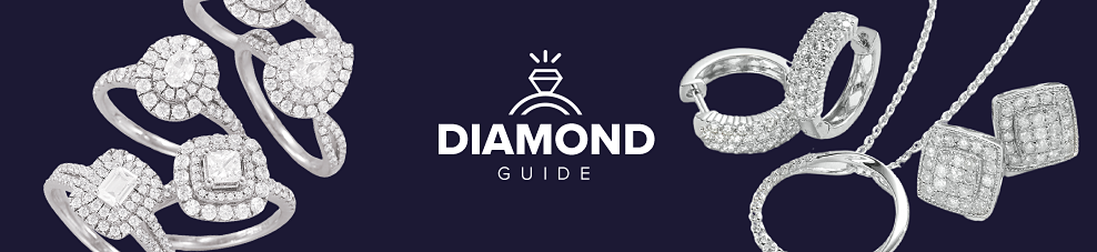 A collection of silver jewelry with diamonds. Diamond guide.