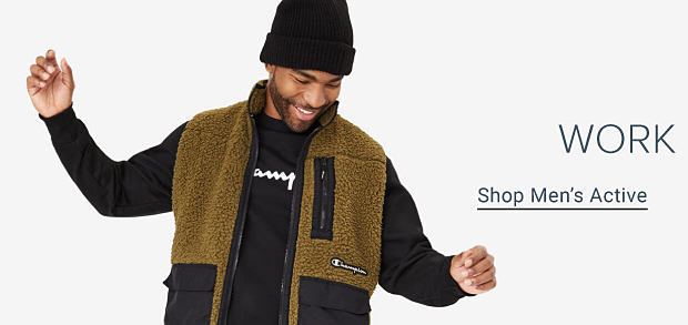 A man in a black hoodie, black sweatshirt and brown fleece vest. Work it out. Shop men's active.