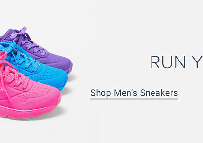 A purple sneaker, blue sneaker and pink sneaker. Shop men's sneakers.