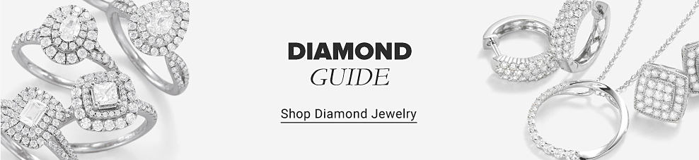 An image of a variety of diamond jewelry. Diamond guide. Shop diamond jewelry.