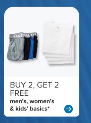 Buy 2, get 2 free men's, women's & kids' basics. Various underwear and shirts.