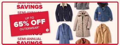 Various coats. Semi-Annual Savings. Up to 65% off outerwear.