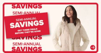 A woman in a coat. Semi-Annual Savings.