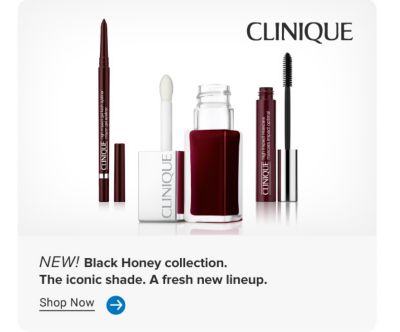 Clinique logo. Image of 3 lip products in the same dark red shade. New. Black honey collection. The iconic shade. A fresh new lineup. Shop now.