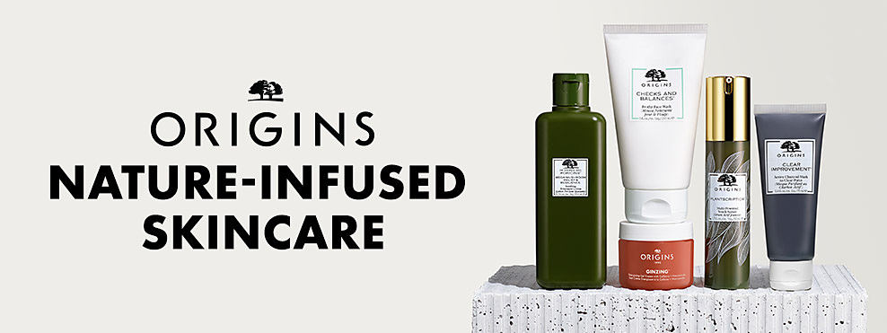 Assortment of Origins skincare products. Origins. Nature infused skincare.