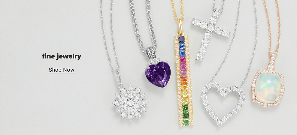 A variety of pendants, including a diamond pendant, purple heart pendant, a bar with multicolored jewels, a cross, a heart and an opal. 