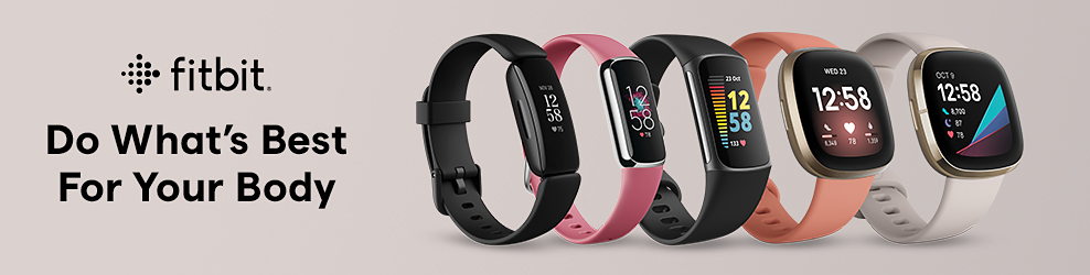 The fitbit logo. Do what's best for your body. A collection of fitbits ranging from small to larger styles in a variety of colors.
