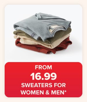 A stack of folded men's sweaters. From 16.99 sweaters for women and men.