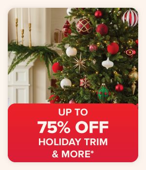 A Christmas tree with red and white ornaments. Up to 75% off holiday trim and more.