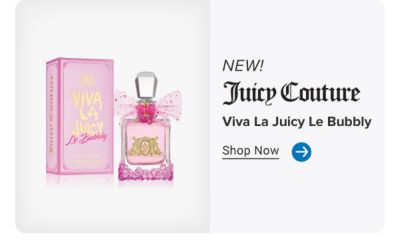 Image of a fragrance bottle. New. Juicy Couture logo. Viva le juicy bubbly. Shop now.