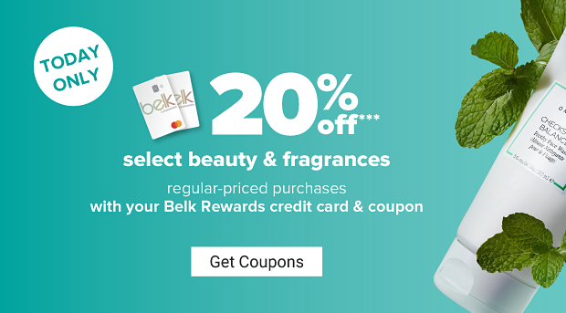 Two Belk Rewards credit cards. 20% off select beauty and fragrances regular priced purchases with your Belk Rewards credit card and coupon. Get coupons. 