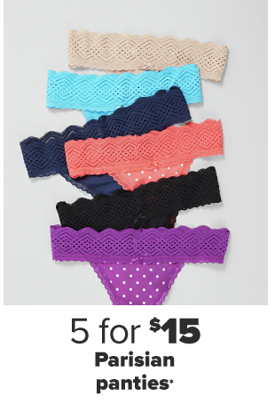 An assortment of panties in various colors. 5 for $15 Parisian panties. 