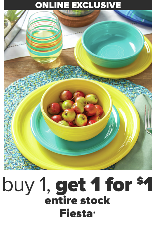 A table set with Fiesta dinnerware. Online exclusive. Buy 1, get 1 for $1 entire stock Fiesta.