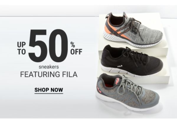 Up to 50% off sneakers featuring Fila. Shop Now.