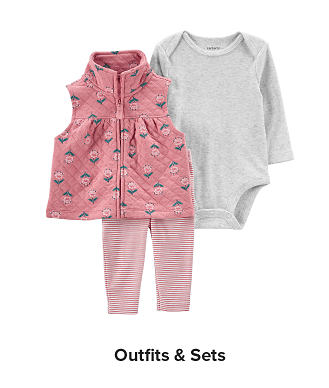 Image of a pink patterned vest, pink leggings and grey onesie. Outfits and sets.