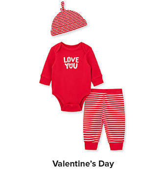 There's so much to celebrate. Image of a red onesie with the words love you printed on it, red leggings and a matching red hat. Valentine's day.