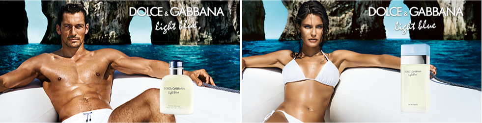 Dolce & Gabbana light blue. Bottle of cologne. Man in white swim trunks. Dolce & Gabbana light blue. Bottle of perfume. Woman in white bathing suit. 
