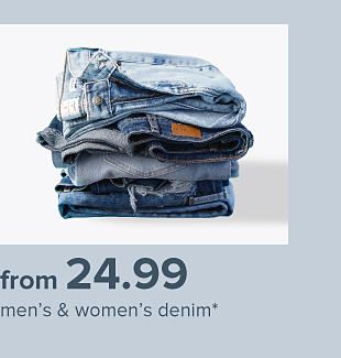 A stack of blue jeans. From 24.99 men's and women's denim.