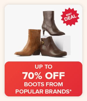 Image of various boots in different styles and colors. Up to 70% off boots from popular brands.