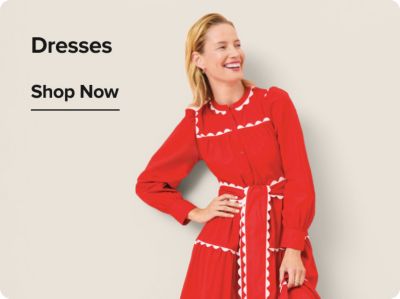 Dresses. Shop now. A woman in a red dress.