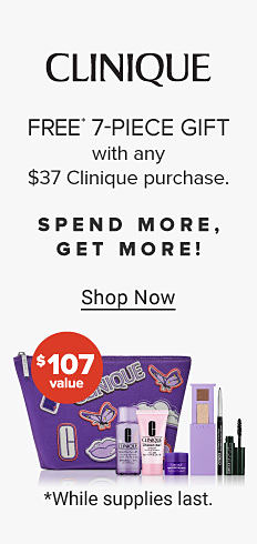 A purple Clinique bag and assorted beauty products. Free seven piece gift with any $37 Clinique purchase. A $107 value. Shop now. Spend more, get more. While supplies last.