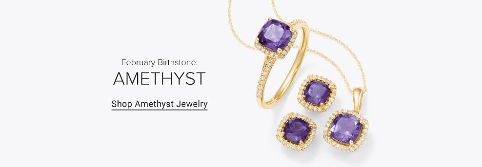 Image of an amethyst necklace with a matching ring and earrings. February birthstone. Amethyst. Shop amethyst jewelry.