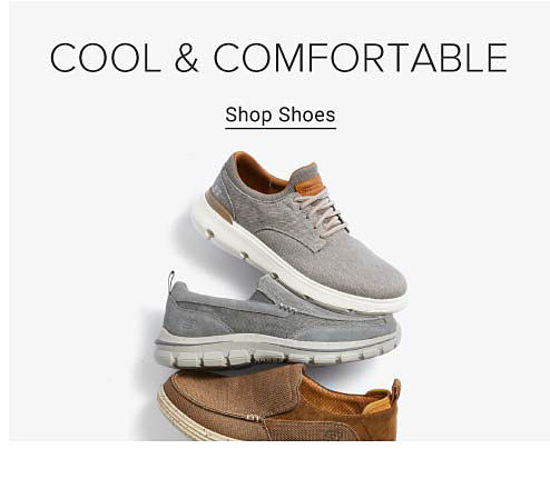 An image of three casual shoes in gray, blue and brown. Cool and comfortable. Shop shoes. 