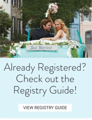 A bride and groom ride off in a car with a just married sign.  Already registered? Check out the registry guide. View registry.