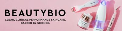 Image of a variety of skincare products and tools. Beauty Bio logo. Clean, clinical performance skincare. Backed by science