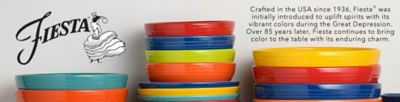 Fiesta ceramic Stacks of vibrant Fiesta bowls and dishes in a variety of colors. Crafted in the United States of America since 1936, Fiesta was initially introduced to uplift spirits with its vibrant colors during the Great Depression. Over 85 years later, Fiesta continues to bring color to the table with its enduring charm.bowls and plates in lime green, orange, light blue, dark green and teal. Two of the bowls have lemons in them. Fiesta