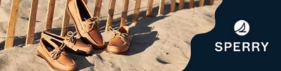 Image of Sperry shoes in the sand. Sperry logo.