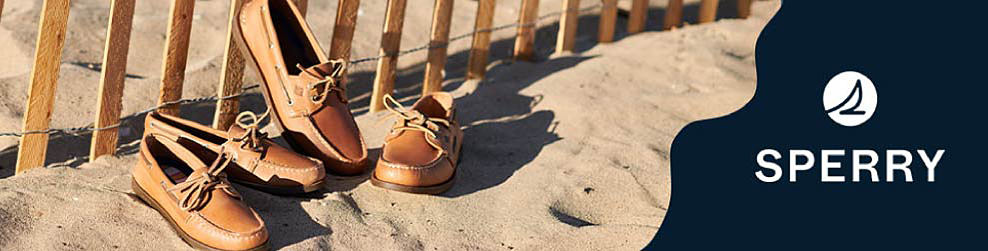 Image of Sperry shoes in the sand. Sperry logo.