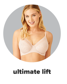 A woman in a light pink bra with mesh lining. Ultimate lift.