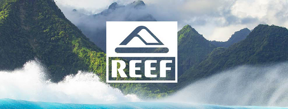 Reef logo in front of a tropical scene.
