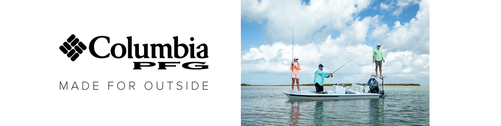 Columbia PFG. Made for outside. Two women and a man standing on a fishing boat. 