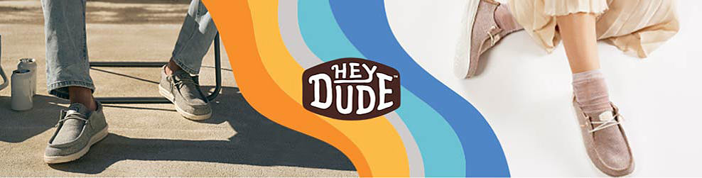 An image of a man wearing Hey Dude shoes and an image of a woman wearing Hey Dude shoes. The Hey Dude logo.