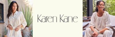 Two images featuring women wearing Karen Kane apparel. The Karen Kane logo.