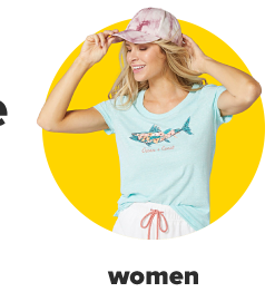A woman in a pink tie dyed baseball cap, a light blue shirt with a fish decal and white pants with a pink drawstring. Women. 