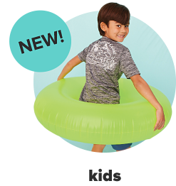A little boy in a grey swim shirt with a white decal on the back, holding a lime green inner tube. NEW. Kids. 