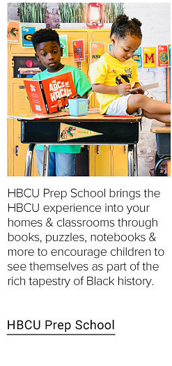 Image of two school kids. HBCU Prep School brings the HBCU experience into your homes & classrooms through books, puzzles, notebooks & more to encourage children to see themselves as a part of the rich tapestry of Black history. HBCU Prep School.