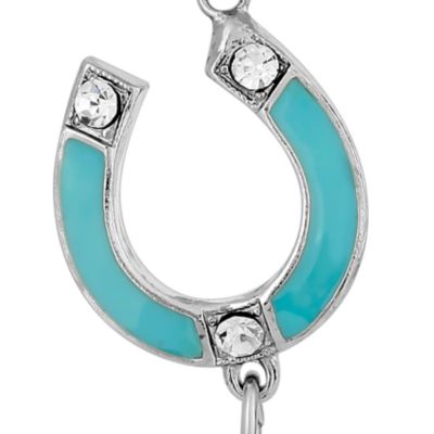 Silver Tone Enamel Turquoise Color with Crystal Accents Horsehoe Drop Earrings