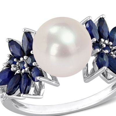 9-9.5mm Cultured Freshwater Pearl and 3/8 CT TGW Sapphire 1/8 TW Diamond Flower Ring 14k White Gold
