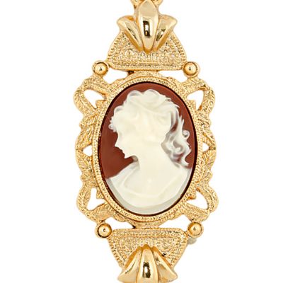 24 Inch Gold Tone Carnelian Oval Cameo with Faux Pearls Necklace