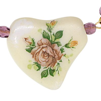 16 Inch Adjustable Gold Tone Purple Beaded White Heart with Pink Floral Decal Necklace