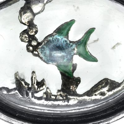 Pewter Cat with Blue Enamel Fish in Glass Fishbowl Necklace